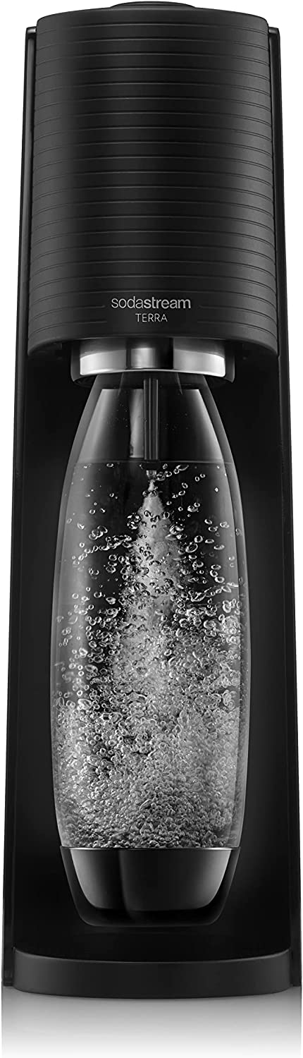 SodaStream Terra Megapack Sparkling Water Maker Machine, with 3 Reusable BPA-Free Water Bottles, 2x IL & 1 X 0.5L & 60 Litre Quick Connect CO2 Gas Cylinder ( Black)