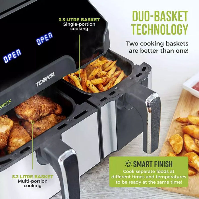 Tower Vortx Eco Duo Basket Fryer Grey, 8.5l Black-Silver UK Plug/Kitchen