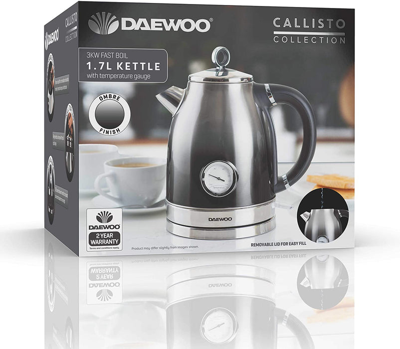 Daewoo Callisto Collection 1.7L Jug Kettle With Temperature Guage 3000W (Black/Stainless Steel) (UK Plug)