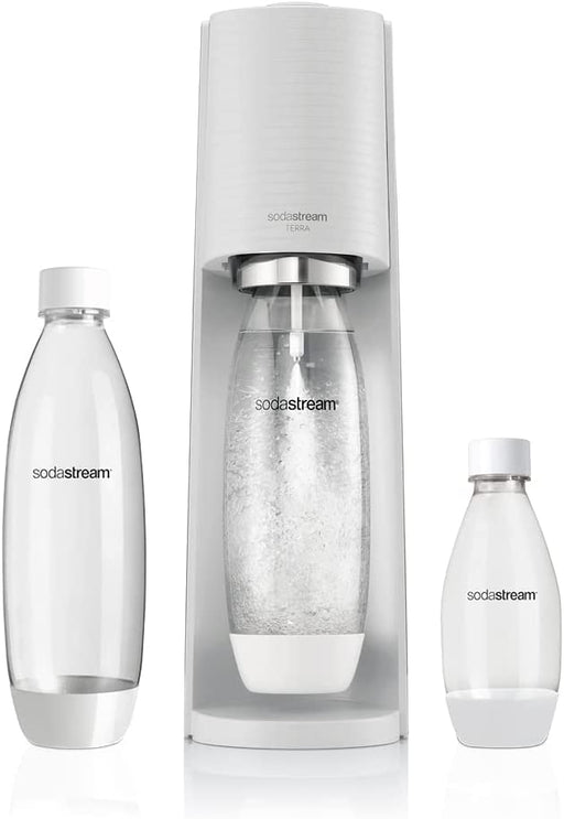 SodaStream Terra Megapack Sparkling Water Maker Machine, with 3 Reusable BPA-Free Water Bottles, 2x IL & 1 X 0.5L & 60 Litre Quick Connect CO2 Gas Cylinder ( White)