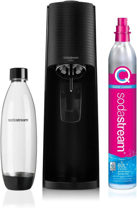 SodaStream Terra Sparkling Water Maker Machine, with 1 Litre Reusable BPA-Free Water Bottle & 60 Litre Quick Connect CO2 Gas Cylinder ( Black)
