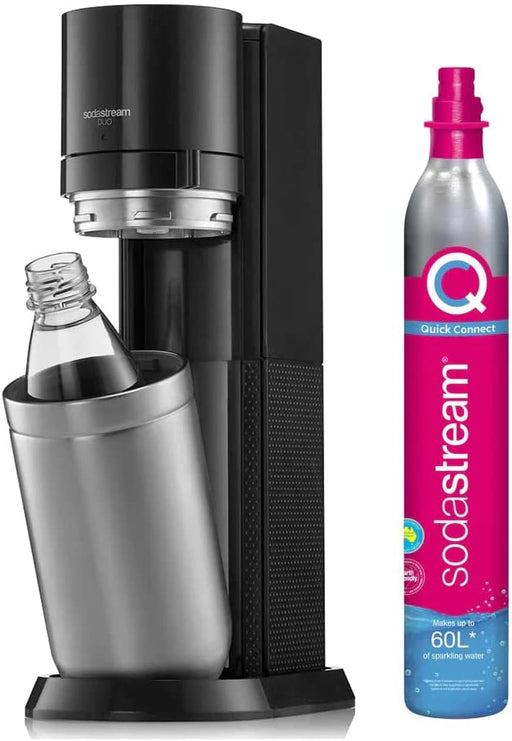 SodaStream Duo Sparkling Water Maker Machine, 1 Litre Reusable BPA Free Reusable Water Bottle +  1 L Glass Carafe & 60 Litre Quick Connect CO2 Gas Cylinder  ( Black)