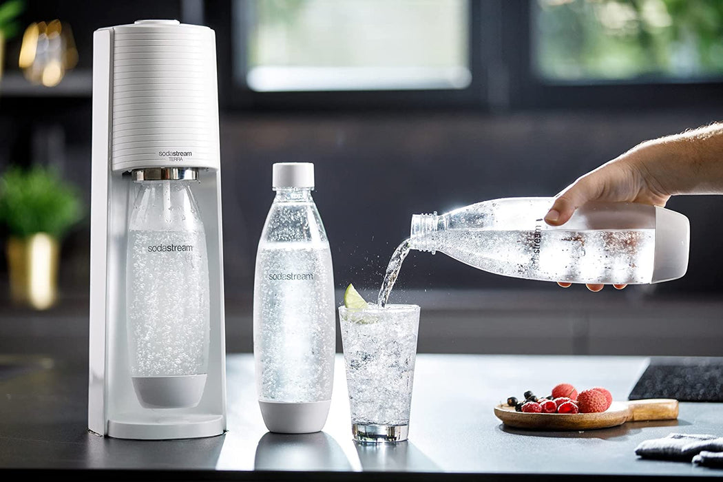 SodaStream Terra Sparkling Water Maker Machine, with 1 Litre Reusable BPA-Free Water Bottle & 60 Litre Quick Connect CO2 Gas Cylinder ( White)